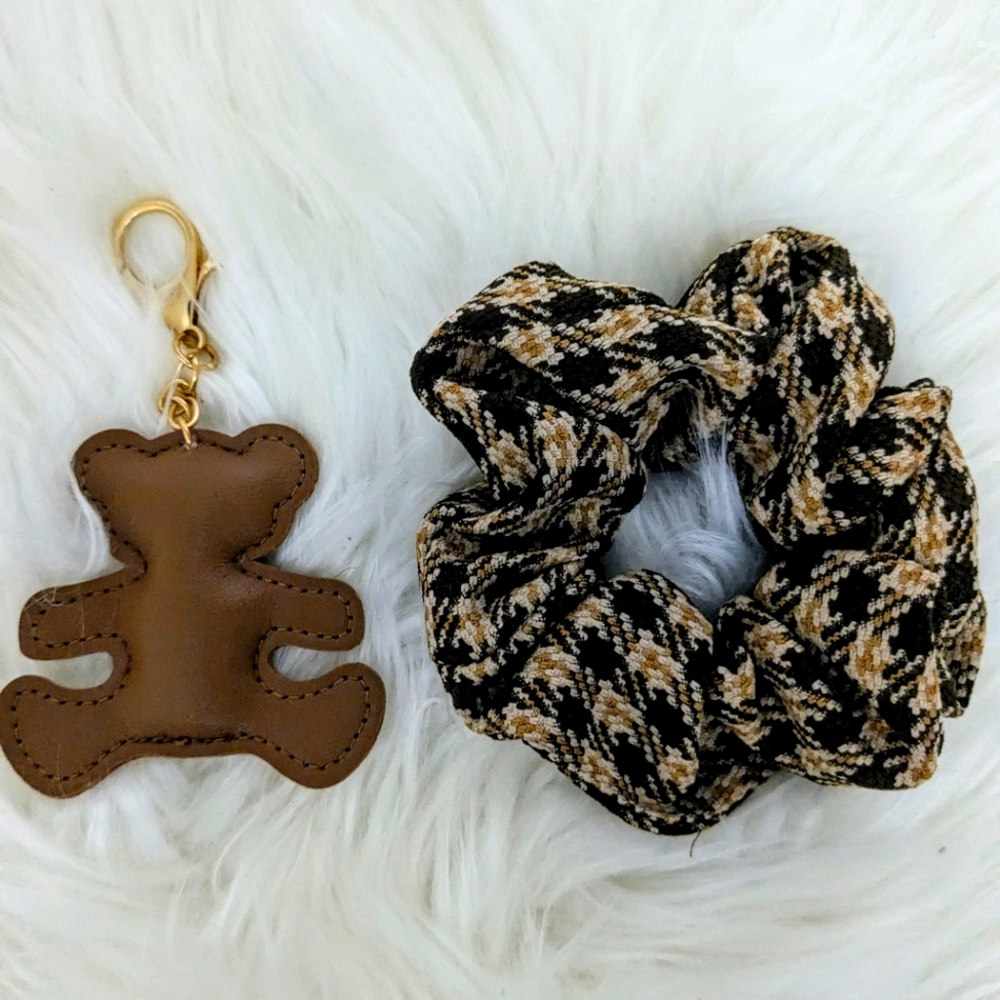 Keychain Purse Bear Charm Scrunchie Plaid